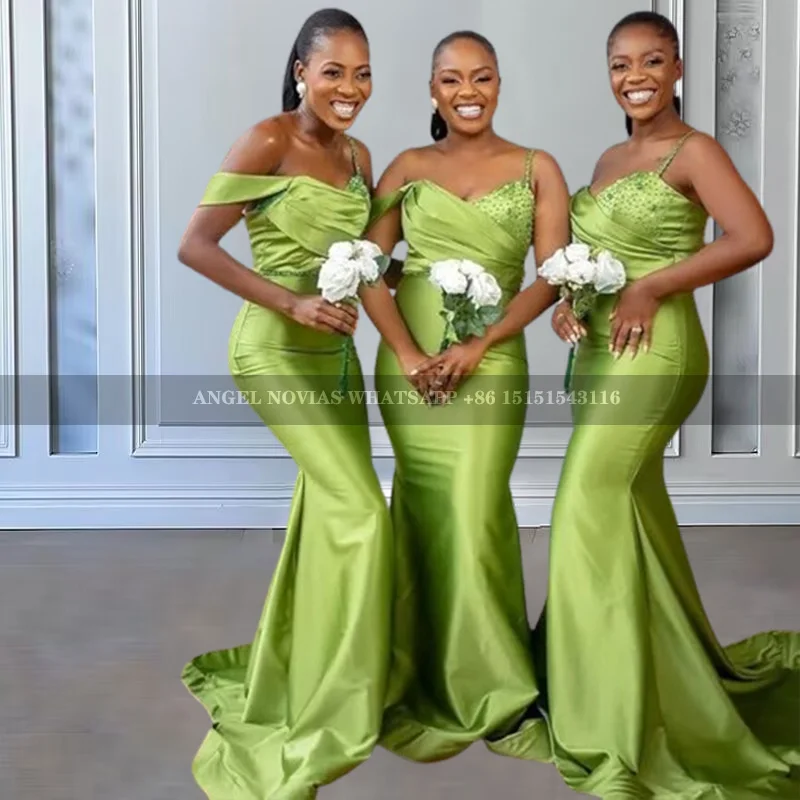 Customized Long Green Mermaid Bridesmaid Dresses African Girls Plus Size Wedding Party Maid Of Honor Dress