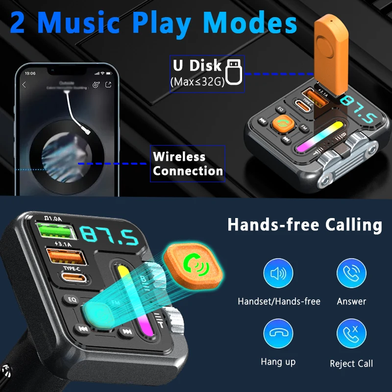 مشغل MP3 للسيارة اللاسلكية، جهاز إرسال FM، شحن سريع USB/PD 3.1A، صوت هاي فاي، شريط إضاءة للموسيقى، تصميم أسطوانة مزدوجة، شاحن سيارة