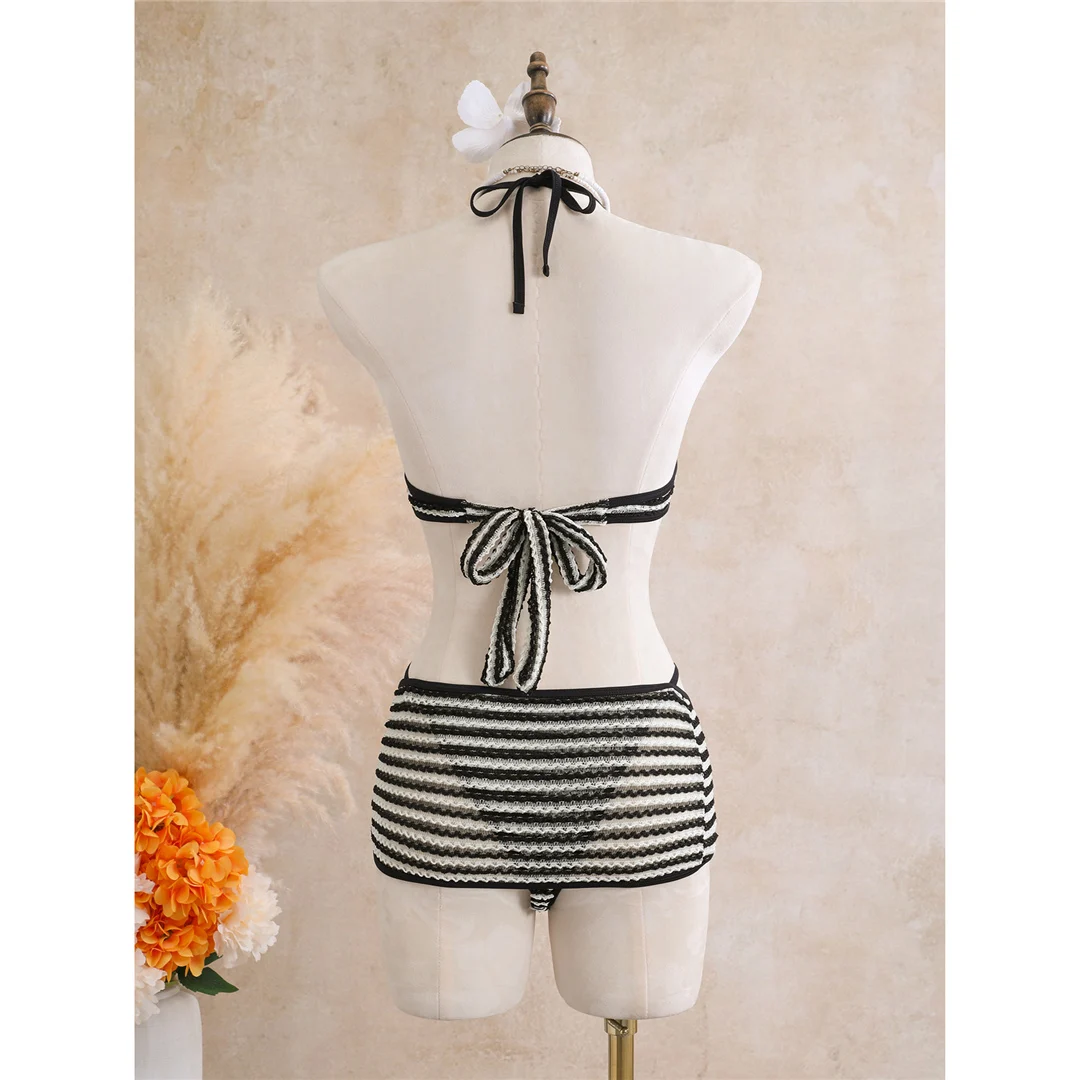 Mit Rock, gestreiftem Halterneck, V-Ausschnitt, Damen-Badeanzug, einteiliger Badeanzug, Damen-Monokini, hoher Beinausschnitt, Badebekleidung, Badeanzug, V8345. – Detail 7