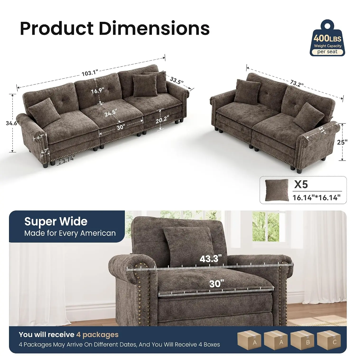 Modular Sectional Sofa Set Living Room Furniture with Reversible Chaise, Customized