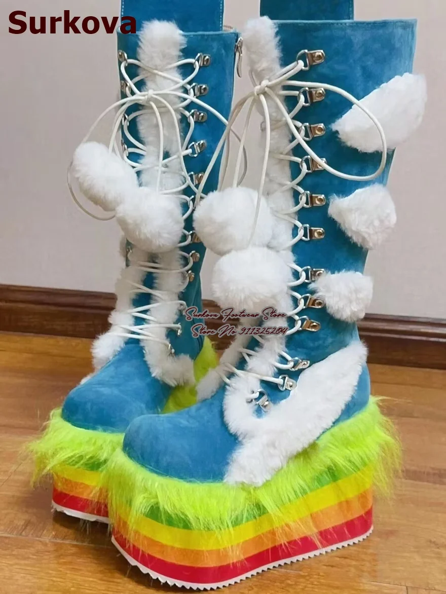 Sky Blue Suede Neon Fur Knee High Platform Boots Rainbow Multi-layer Thick Sole Lace Up Pom Pom Gothic Cosplay Wedge Boots