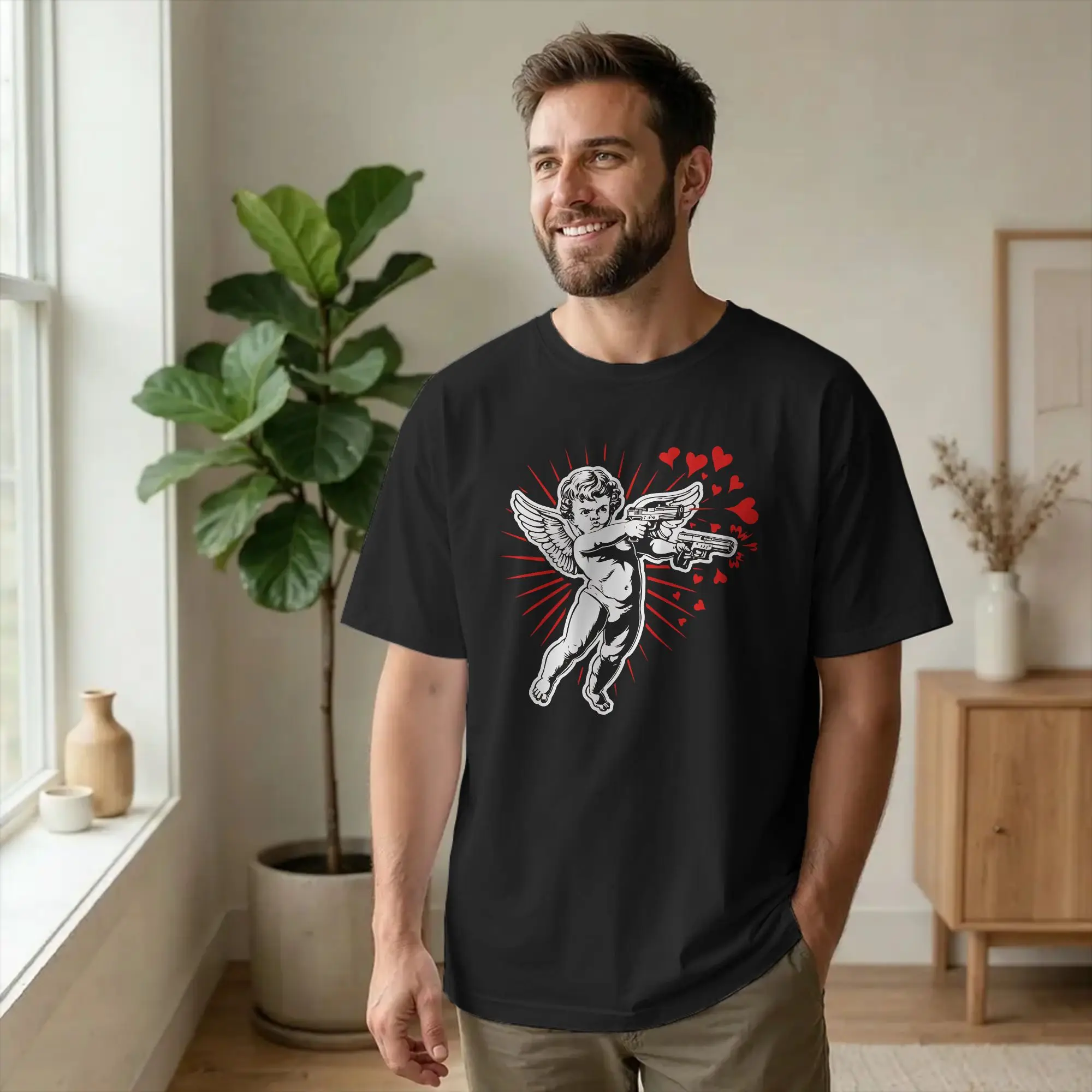 Spreading Love Cupid Cherub Shooting Hearts  T-Shirts Vintage Cotton Tees Round Neck Short Sleeve T Shirt Summer Tops