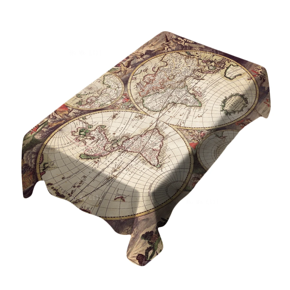 Compass Retro Map Of The World Old History Vintage Beige Fabric Rectangle Tablecloth By Ho Me Lili For Tabletop Decor