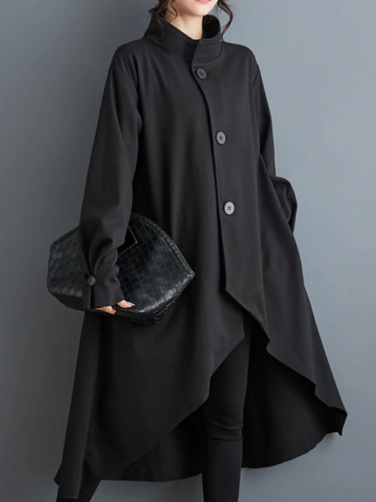 

Vefadisa 2024 Autumn Winter New Black Women Woolen Coat Stand Collar Long Sleeve Fashion All-match Irregular Wool Coat ZXY1147A