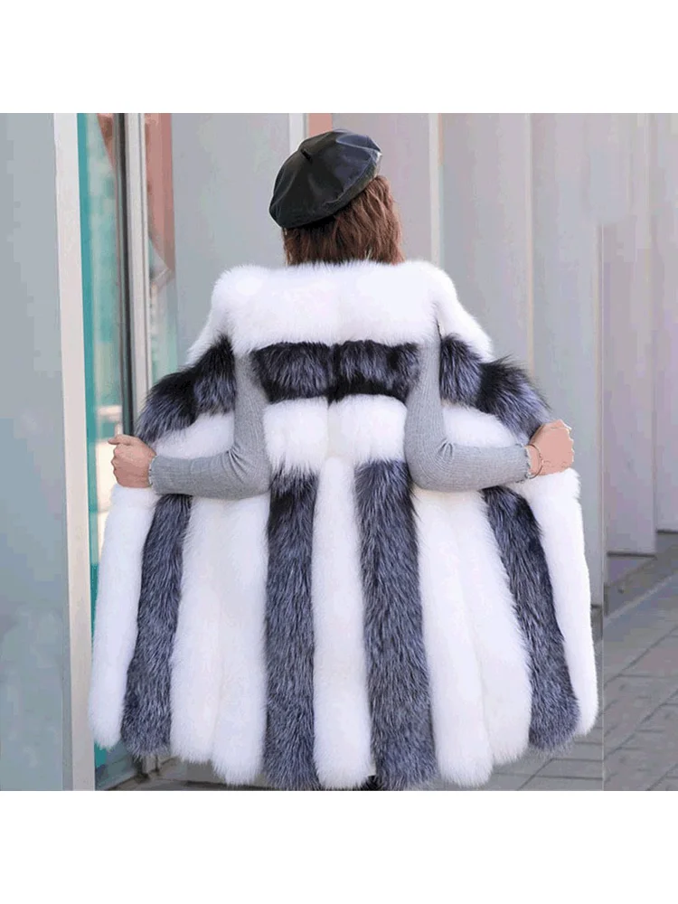 Frans prachtig namaakbontvest zwart wit grijs gestreept gesplitst eenvoudig comfortabel pluizig zacht zacht lang mouwloos bovenkleding