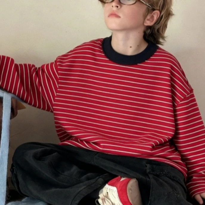 Boys T-shirt 2026 Autumn Spring Korean Style Fahion Trendy Casual Loose Red Striped Long Sleeve Versatile Base Layer Top