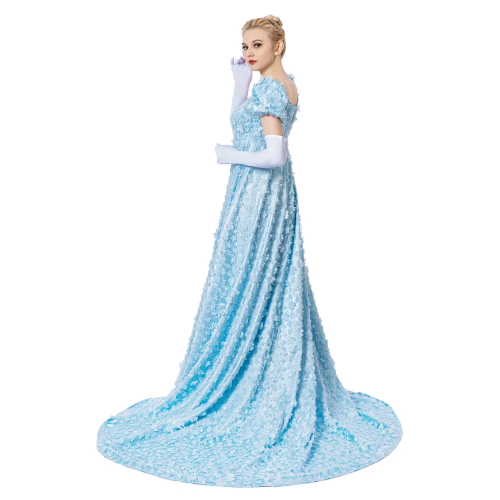 دافني تأثيري حلي المرأة الأزرق ريجنسي يتوهم جين أوستن فستان الشاي حفلة الدانتيل عالية الخصر الكرة ثوب #6