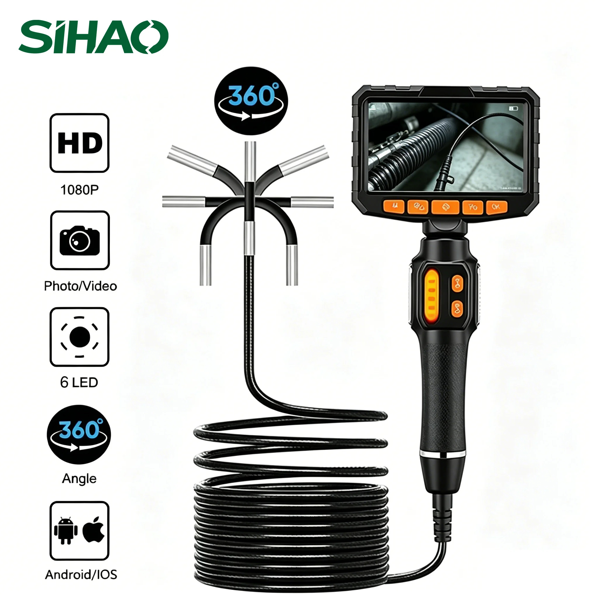SIHAO 1080P HD Industrial Borescope 5 Inch Display Single Dual Lens IP67 Waterproof Sewer Car Inspection Endoscope Camera