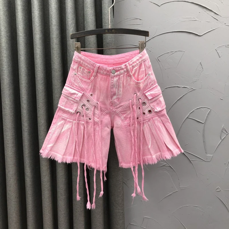 Women's Fashionable Personalized Fringed Pleated Middle Pants Summer New High-waisted Age-reducing  Five-point Jean