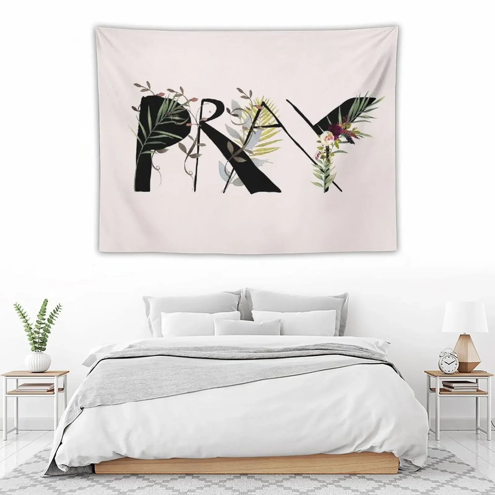 Pray - Christian Floral Watercolor Lettering Tapestry Bathroom Decor Decoration Bedroom Room Design Tapestry