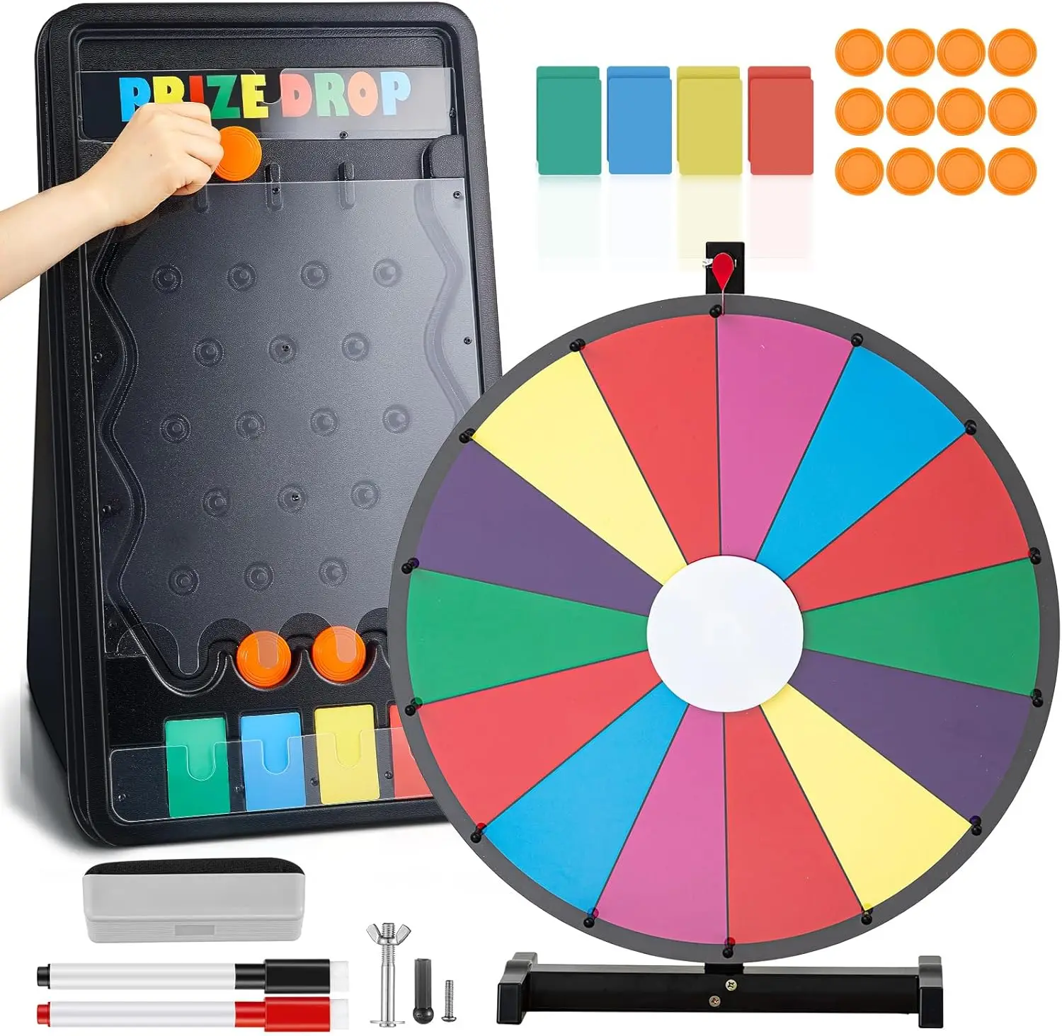 24" Spinning Prize Wheel and 25"x 14" Foldable Prize Drop Plinko Board Game, Spinning Wheel with 14 Color Slots Roulette, Win Th