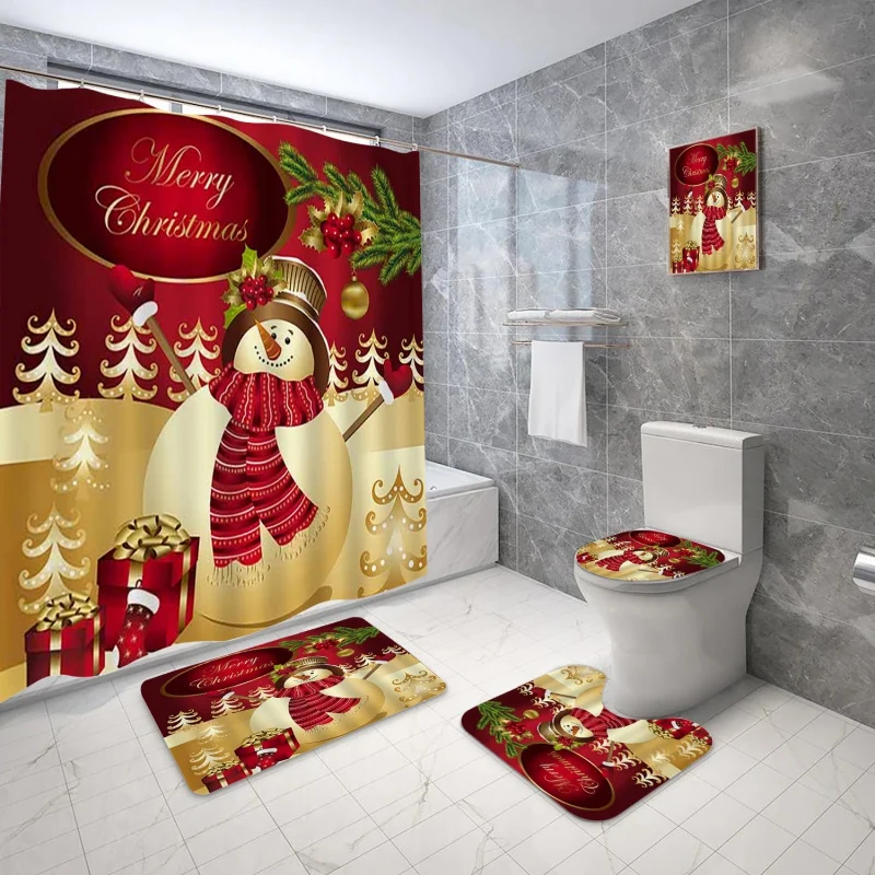 4pcs/Set Christmas Shower Curtains Snowman Christmas Tree Xmas New Year Bathroom Decor Non-slip Rug Bath Mats Toilet Lid Cover