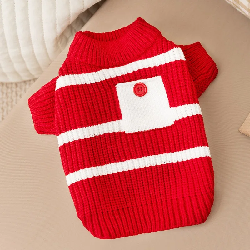 

Christmas Dog Clothes Autumn and Winter Pet Fur Teddy Festive Red knitted Sweater Bichon Popular Striped Two-legged Clothes