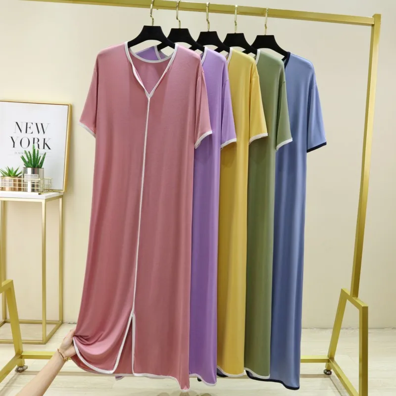 

Modal Sp Dr Women Summer Mid-Length Home Clothes Dr Loose ort-Sve Robe Thin V-Ne Spwear Comfortable Home F...