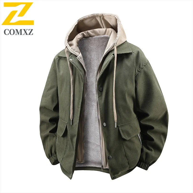 

COMXZ 2025 Winter New Trendy Casual Men Jacket Windproof Waterproof Fleece Lined Thickened Outerwear Street Style Daily Wear
