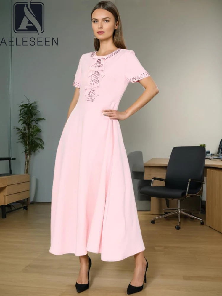 

AELESEEN Office Ladies Summer Pink Dress Runway Fashion Short Sleeve Luxury Diamonds Beading Bow Elegant Slim Long Party