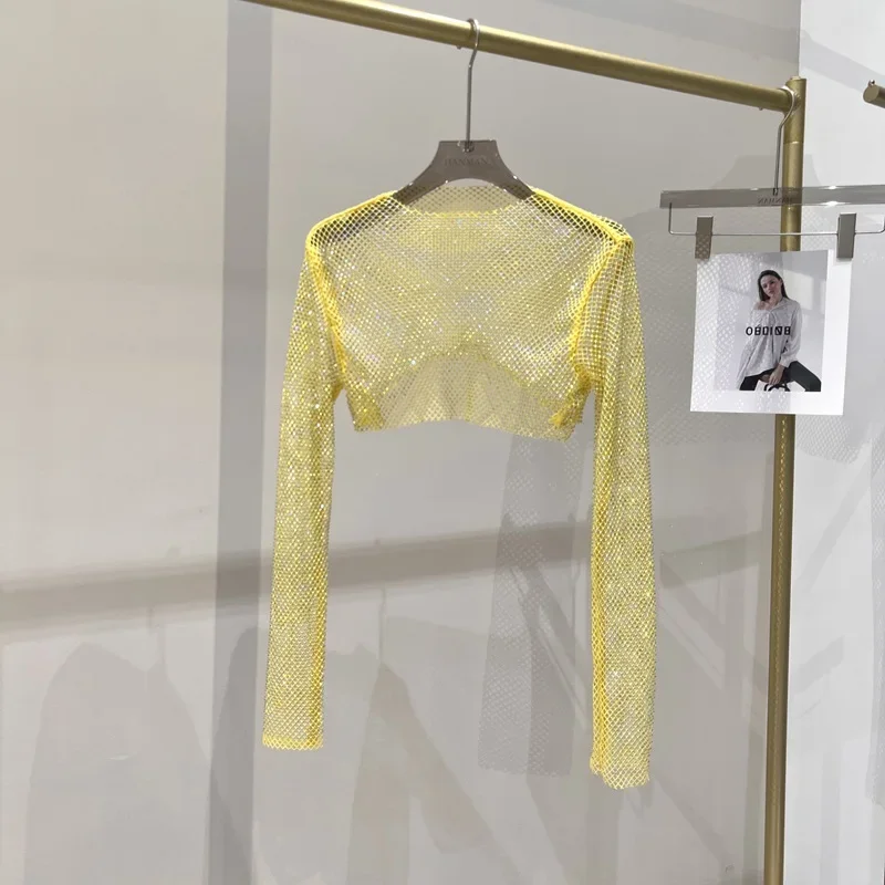 2025 New Sexy Bright Diamond Short Top Slim Thin Ms. Hot Drill Long-sleeved T-shirt Sexy Leak Waist Nightclub