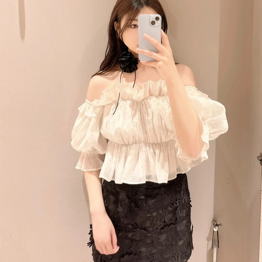 Kuzuwata 2024 Short Fresh Solid Color Blusas De Mujer Japanese Chiffon Slash Neck Blouse Women Ruffle Off Shoulder Sexy Shirts