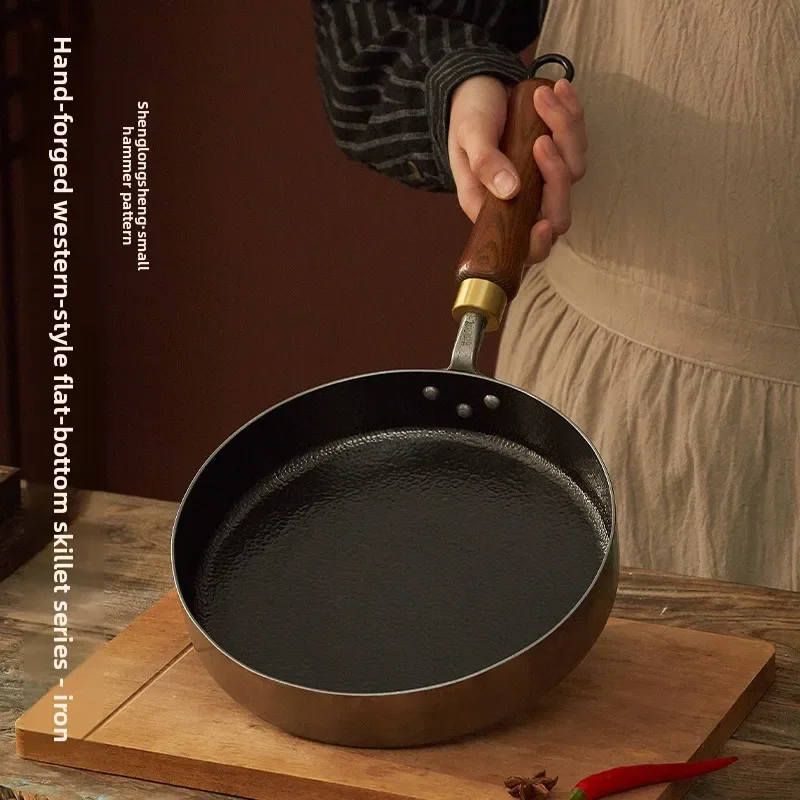 Z30- Hand Forged Iron Pan Right Angle Straight Edge Flat Frying Pan for Home Fry Fish Fried Egg Non-stick
