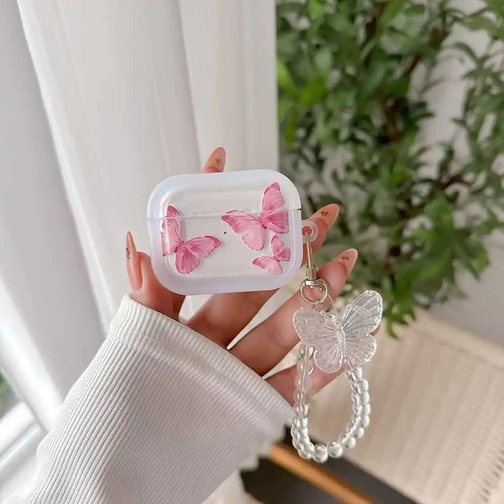 Little pink Flower Pearl Pendant Case Airpods 4 For Apple AirPods Pro 2 Flowers Butterfly Earphone Cases Heart Keychain