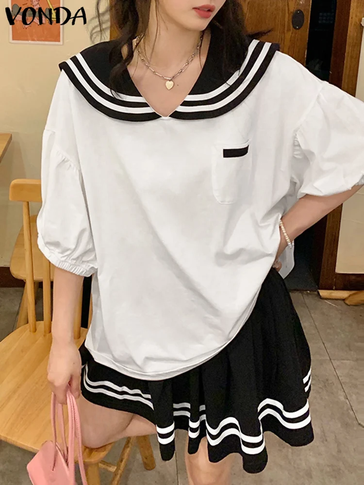 

Women Sets 2025 Casual Peter Pan Collar Splicing Half Sleeve Top Elastic Waist Mini Skirt VONDA Oversized Matching Suits 2PCS