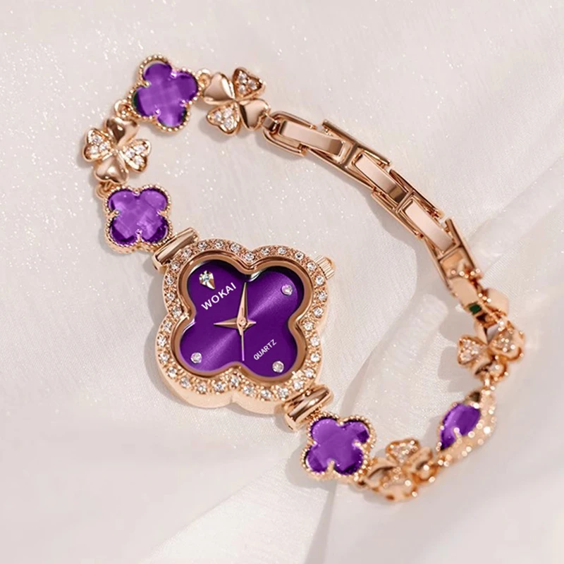 Purple Four-Leaf Clover Watch Ladies Elegant Fashion Watch Universal Niche Accessible Luxury Noble Bracelet Watch Chain Gift Best Choice