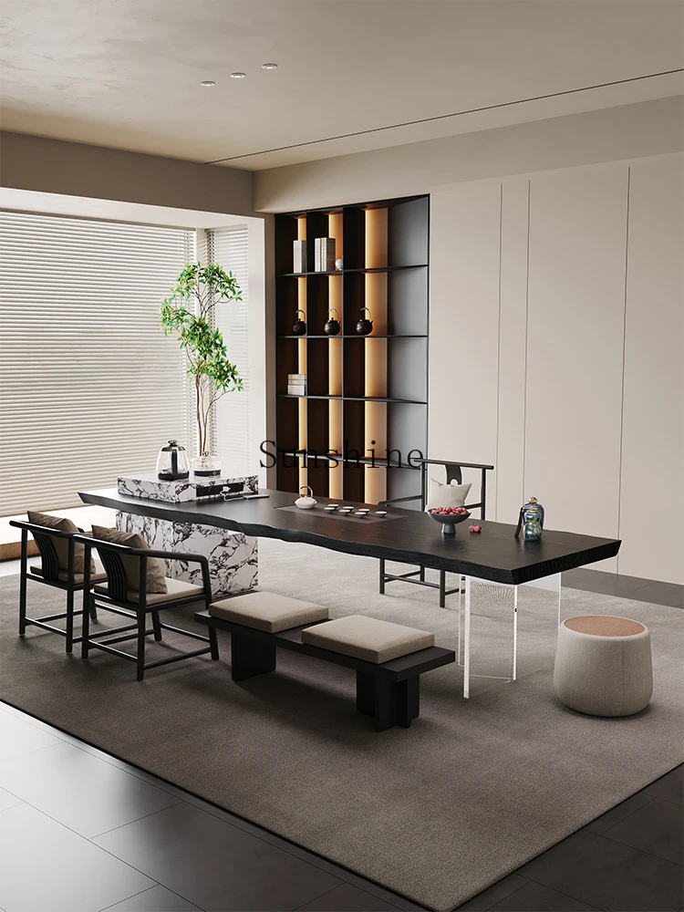 Solid wood large board tea table and chair living room home design, office, light luxury modern high-end sense