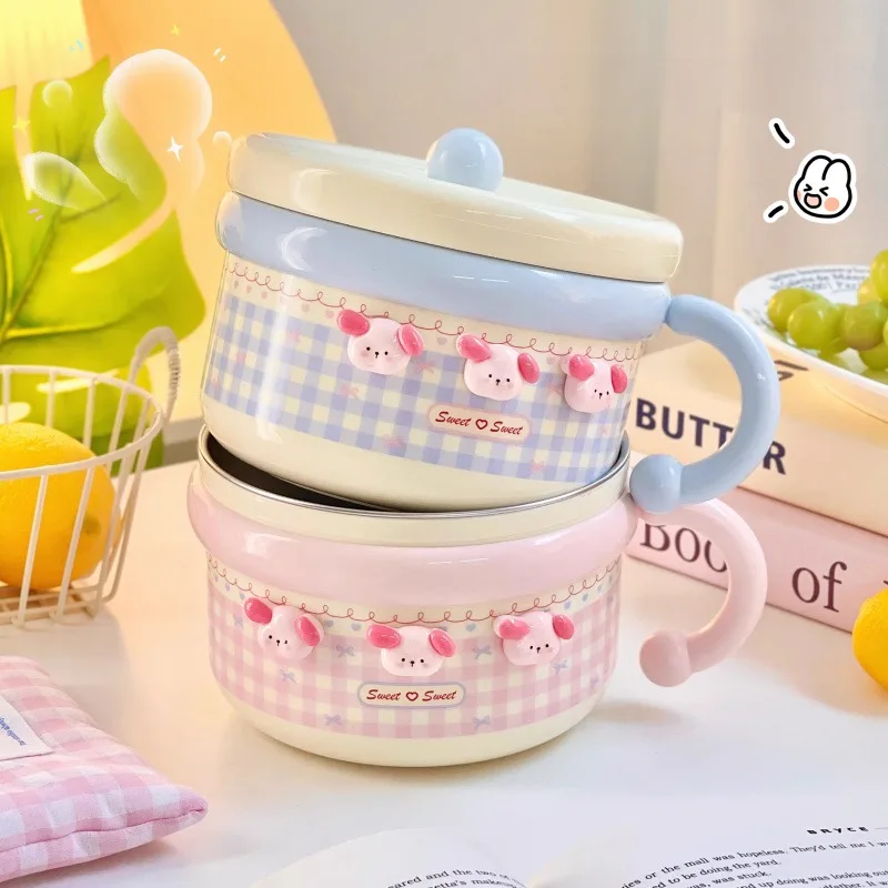 Cute Stainless Steel Ramen Bowl With Lid Kawaii Large Instant Noodles Fruit Salad Rice Soup Bowl Kitchen Tableware Women Gift