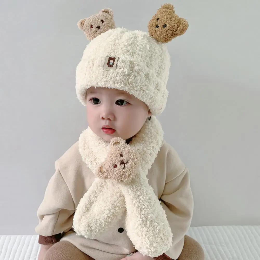 Winter Baby Hat Scarf Set Carton Bear Decor Thick Soft Plush Windproof Wool Kids Knitted Hats Winter 2 pcs Boys Girl Scarf Hat