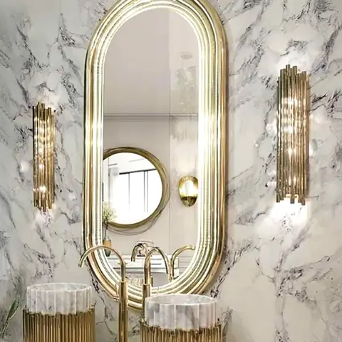 LED 조명이 있는 럭셔리 골드 벽 욕실 거울, 맞춤형 모던 디자이너 호텔 조명