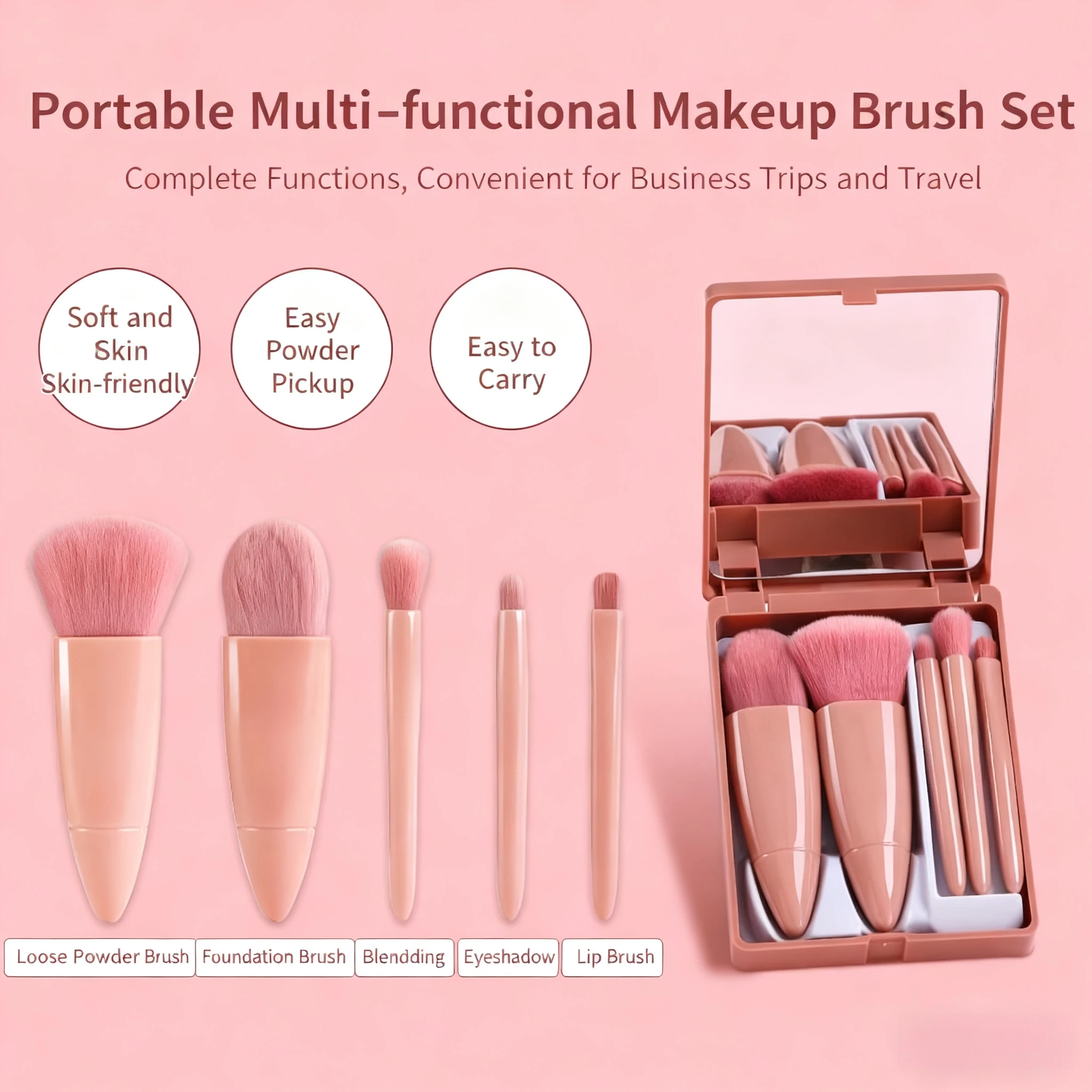 مجموعة فرش مكياج جديدة للسفر مكونة من 5 مرآة، أداة تجميل محمولة متعددة الوظائف لفرشاة البودرة وأحمر الخدود #4