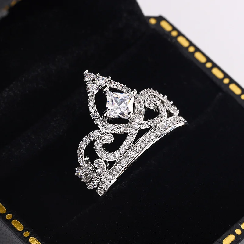 

Princess Crown Zircon Ring, Silver - Plated Pave, Women's Anniversary/Birthday Statement Jewelry