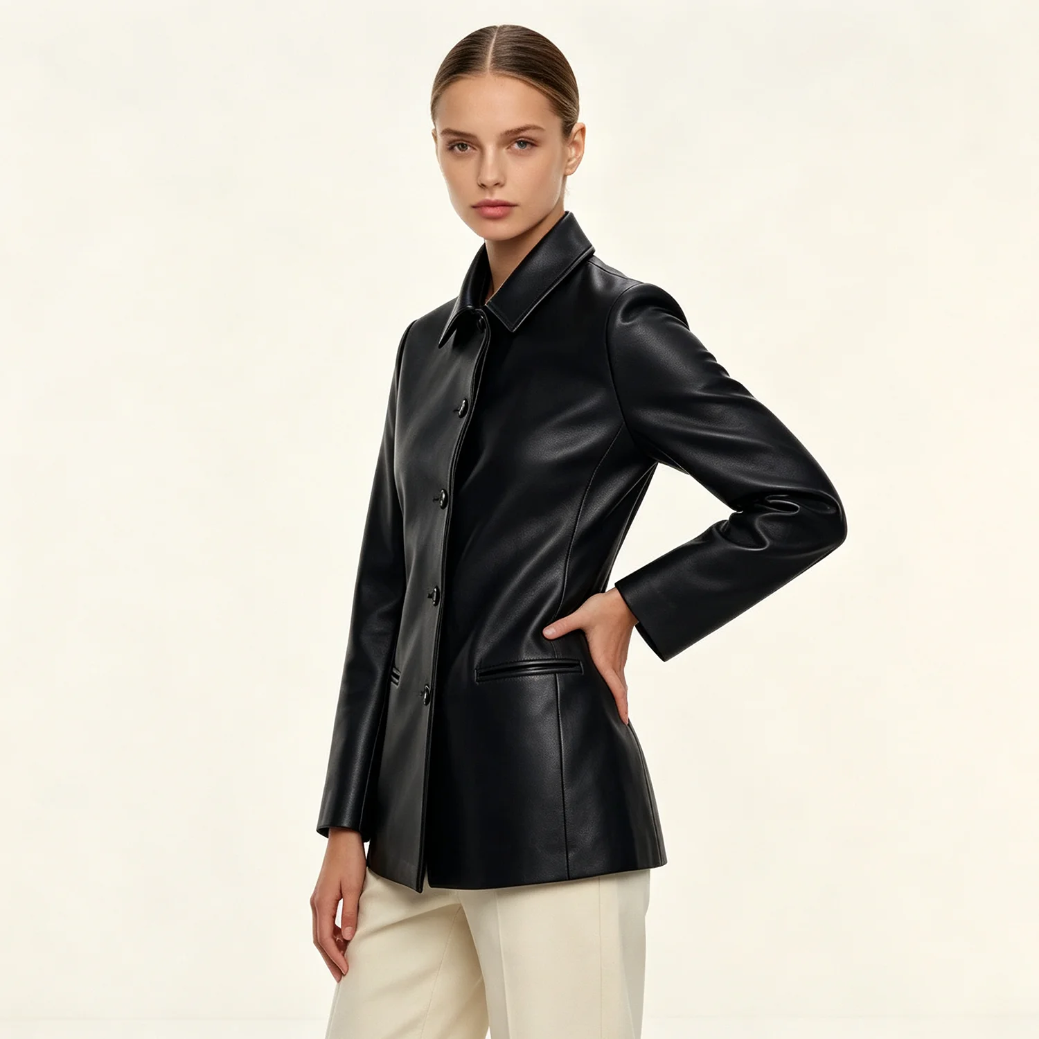 PUAL Women Lapel Faux Leather Jacket,Breasted Slim Fit Long Sleeve Coat,Classic Pocket Design Elegant Outerwear for Daily Office