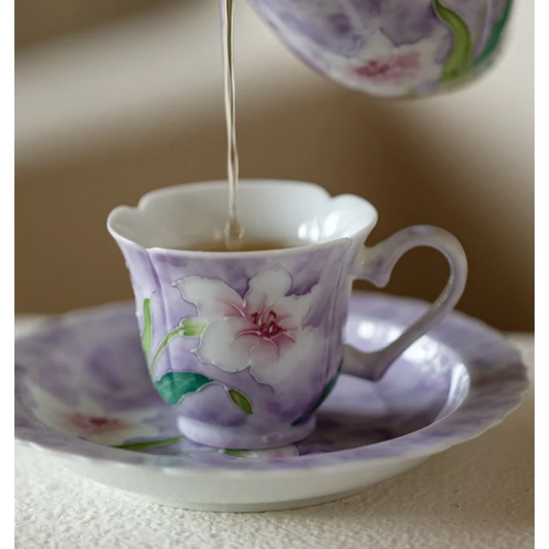 Pastel Lily Pattern Ladies Ceramic Tea Cup Good Appearance Portable Handheld Household Office Daily Tea Drinking Drinkware