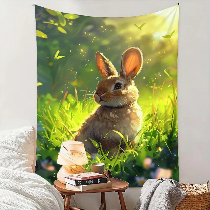 1PC Rabbit Green Grass Art Print Backdrop Banner, Bedroom Living Room Photo Background, Polyester, Home Decor, Wall Art