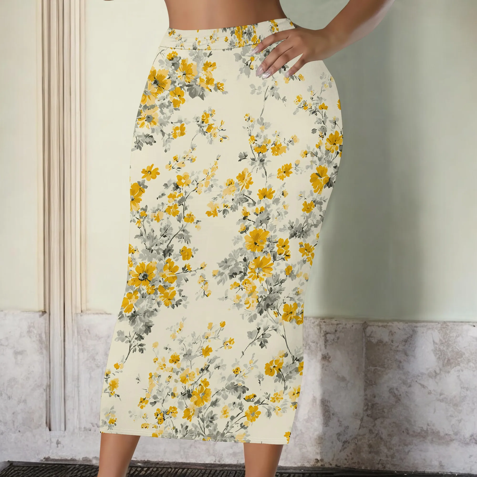 Floral Print Skirt, Yellow Flower Pattern Midi Skirt, Stretchy Bodycon Pencil Skirt for Women, Casual Party Wear S-3XL