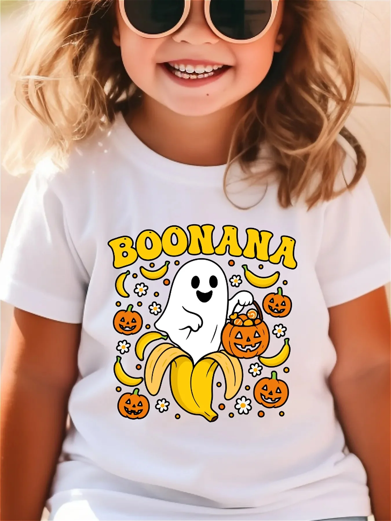 

Halloween Banana Ghost Pattern Printed Girls' T-shirt Pumpkin and Banana Pattern Printed Breathable Versatile Round Neck tops