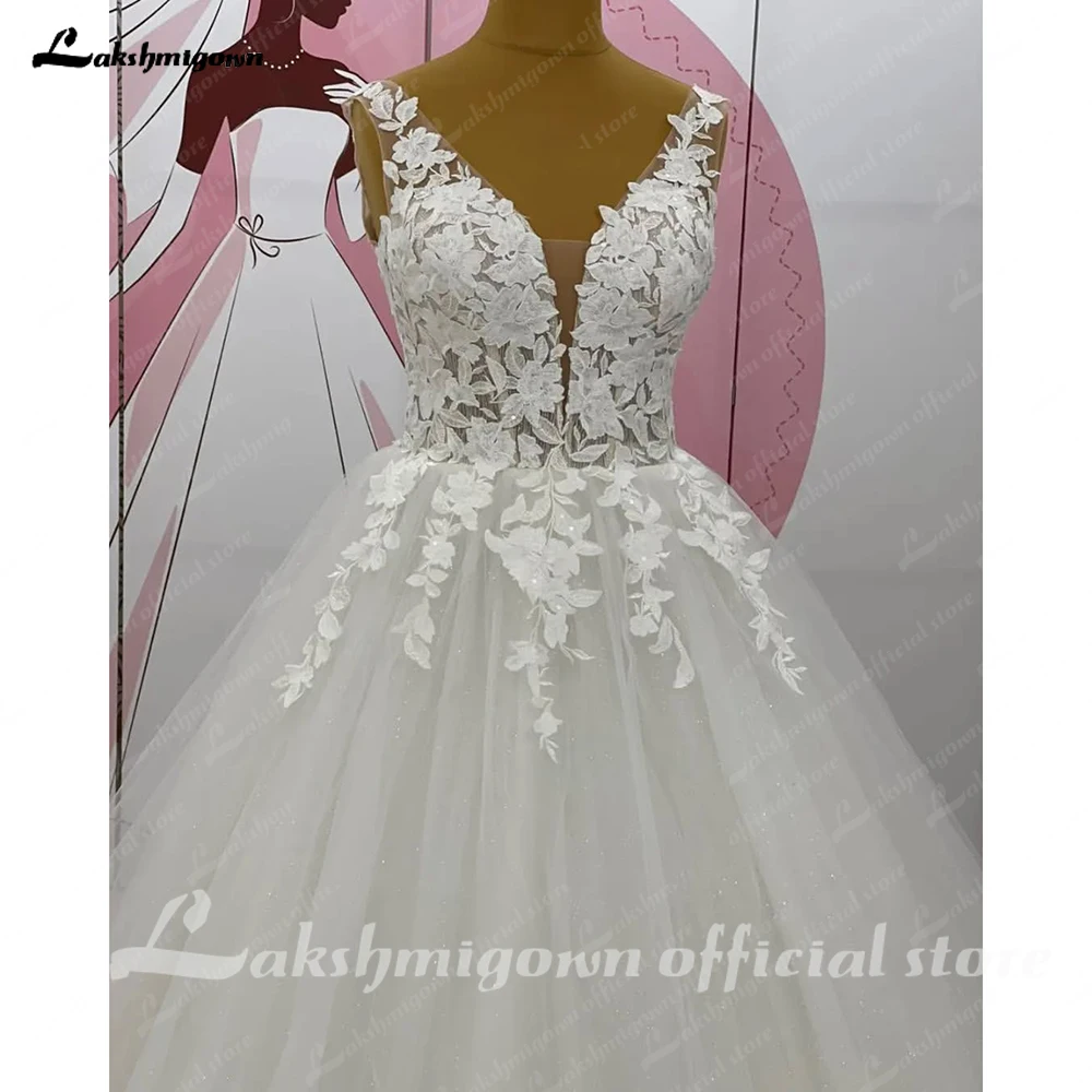 Lakshmigown-vestido de Novia sin mangas con cuello de pico, Apliques de encaje bohemio, Vestidos de Novia largos de tul con espalda descubierta, Vestidos de Novia personalizados