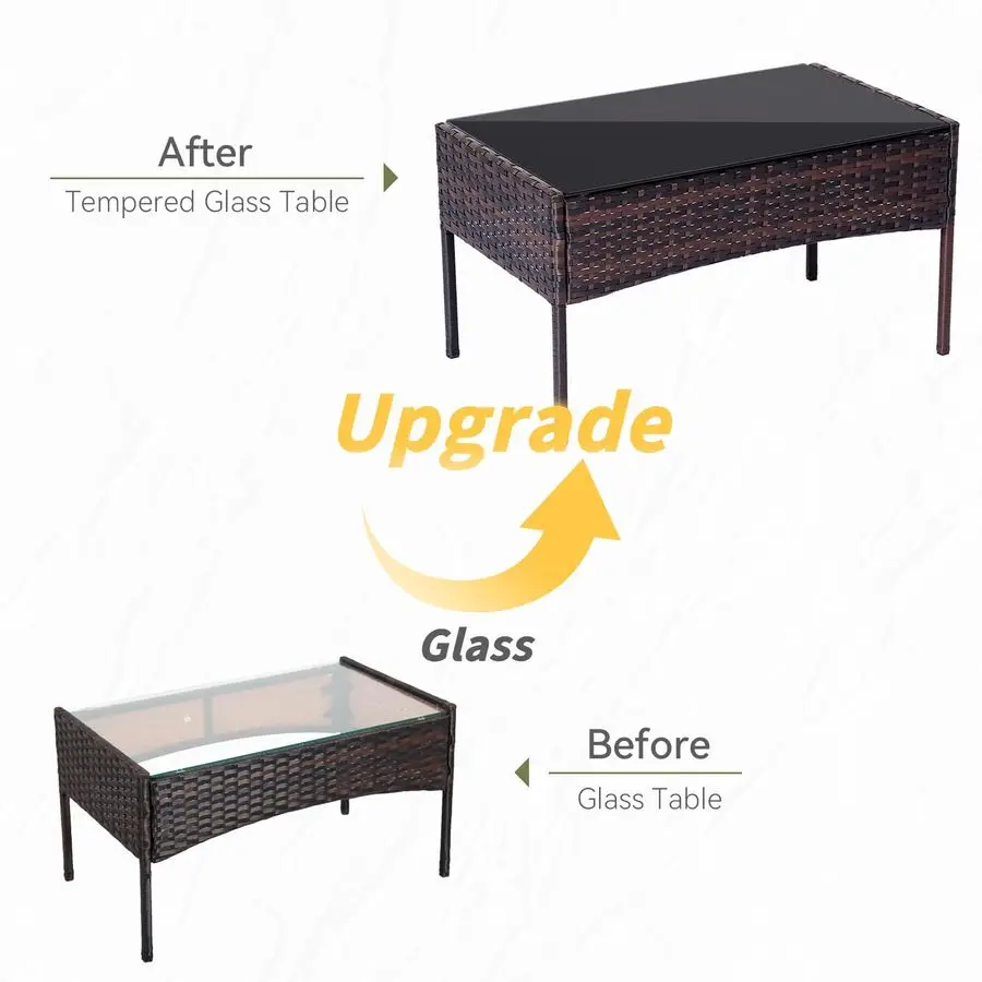 Furniture Set 4 Pieces, Outdoor Rattan Furniture with Tempered Glass Coffee Table, Modern Rattan Patio Chairs Conversation Sets