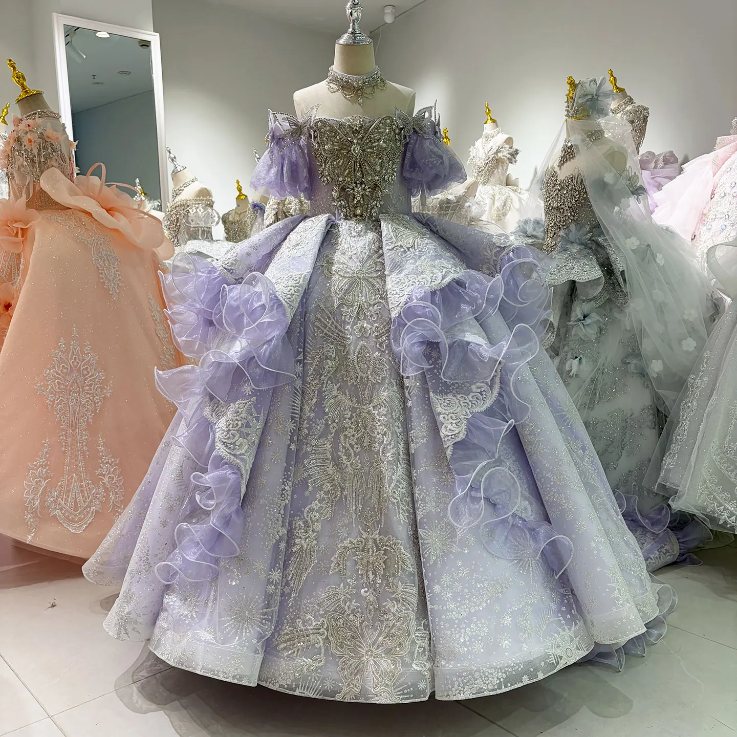 Jill Wish W103 Butterfly Dream — Lilac Crystal Embroidered Princess Ball Gown with Train for Wedding Reception & Prom
