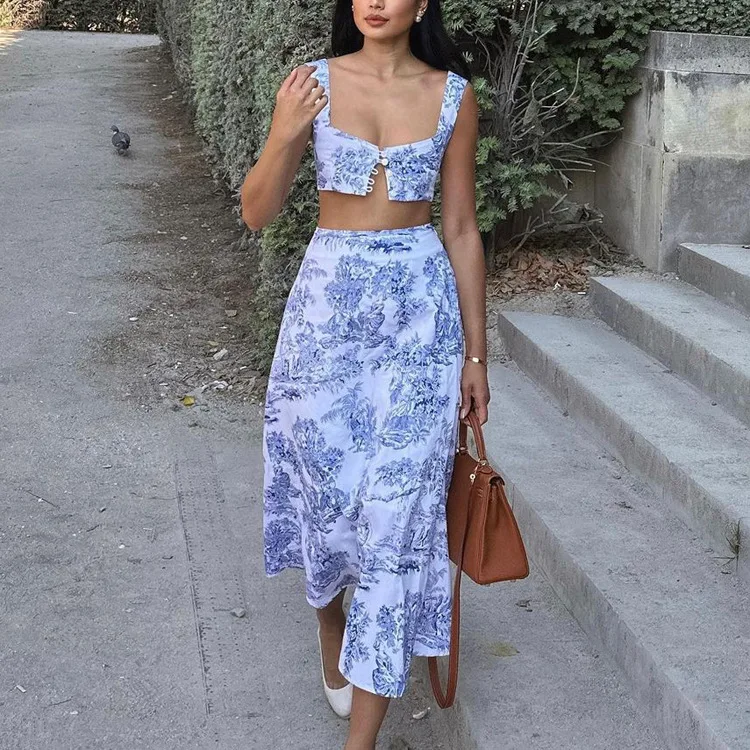

Ele Printed Vest And Skirt Set ter Ne Crop Top with Wrap around Skirt Faionable Two Piece Women's Outfit
