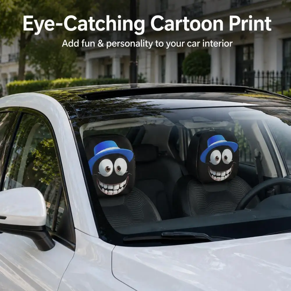 2Pcs Car Headrest Covers with Laughing Black Face in Blue Top Hat Print, 2D Flat Printed, High Elastic Breathable, Universal.