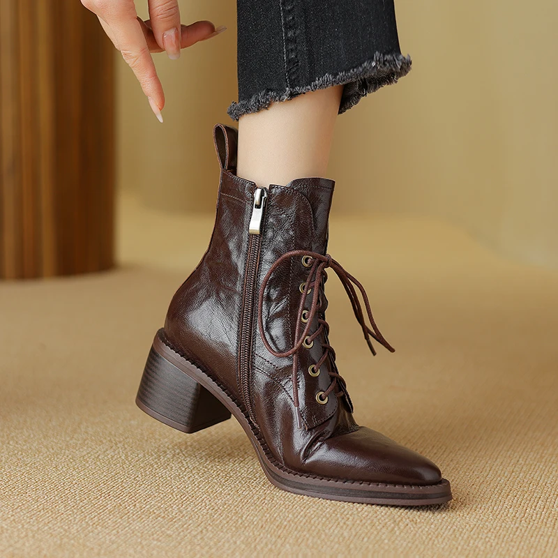 2024 Women Ankle Boots Handmade Luxury Genuine Leather High Heel Laces Black Short Boot Elegant Female Booties Designer Shoes