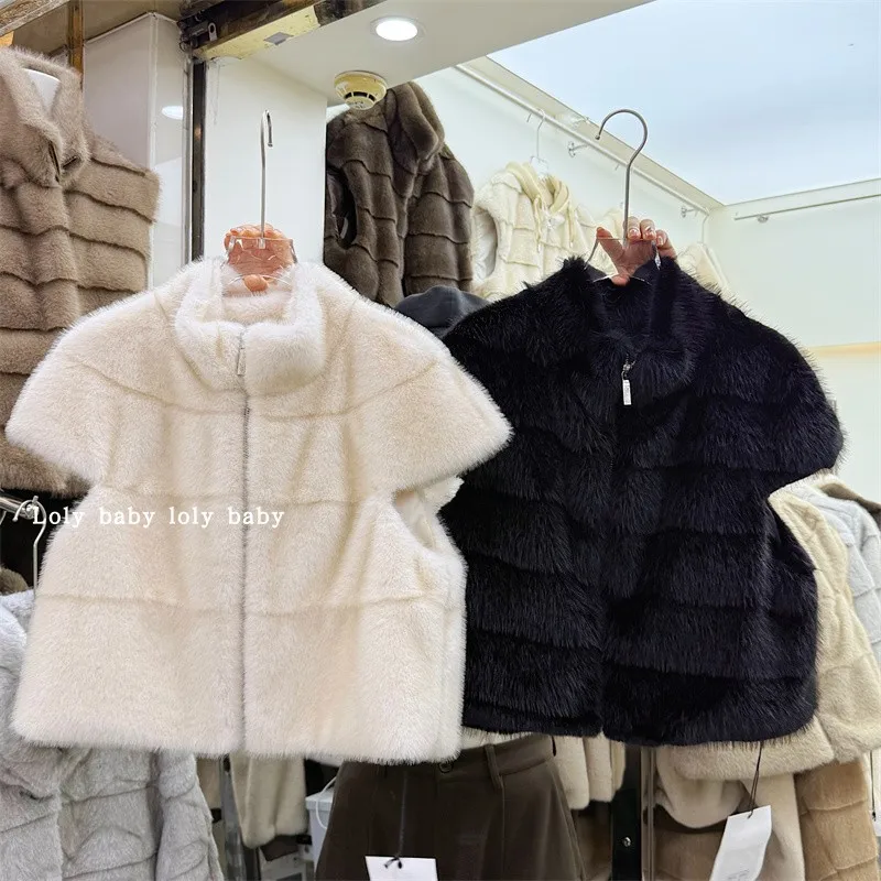 Women's Autumn Winter Stand Collar Sleeveless Mink Fur Vest Top Lady Korean Style Streetwear Fluffy Warm Fur Vest Outwear