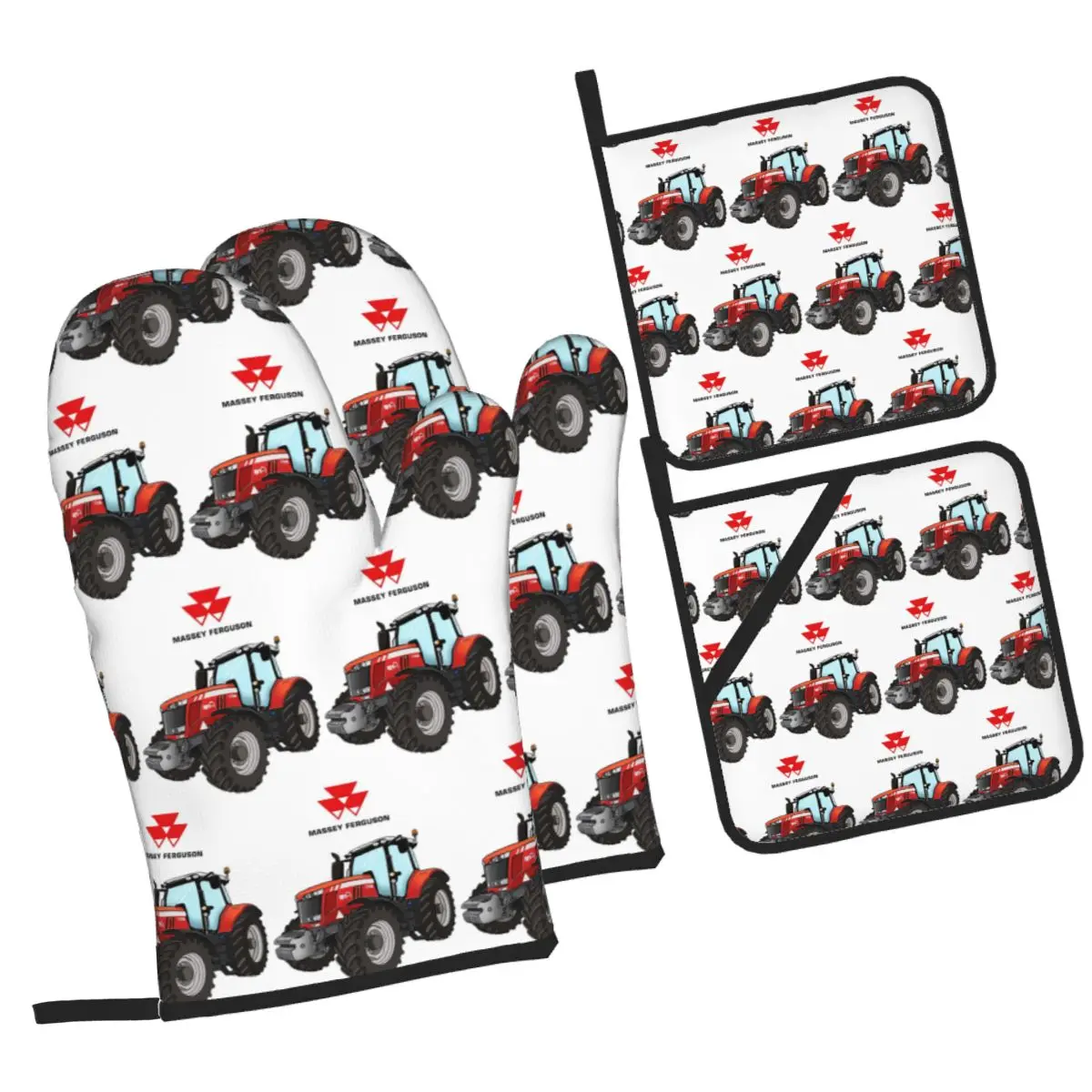 Massey Ferguson Tractor Red Tractor Oven Mitts and Pot Holder Sets of 4 for Baking Kitchen Cooking BBQ Resistant Non-Slip Gloves
