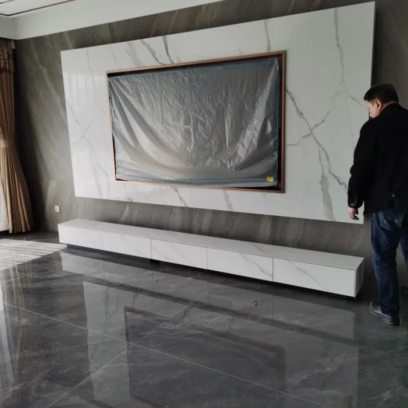 Minimalist Italian light luxury bright rock panel TV cabinet, living room floor hanging wall bright marble