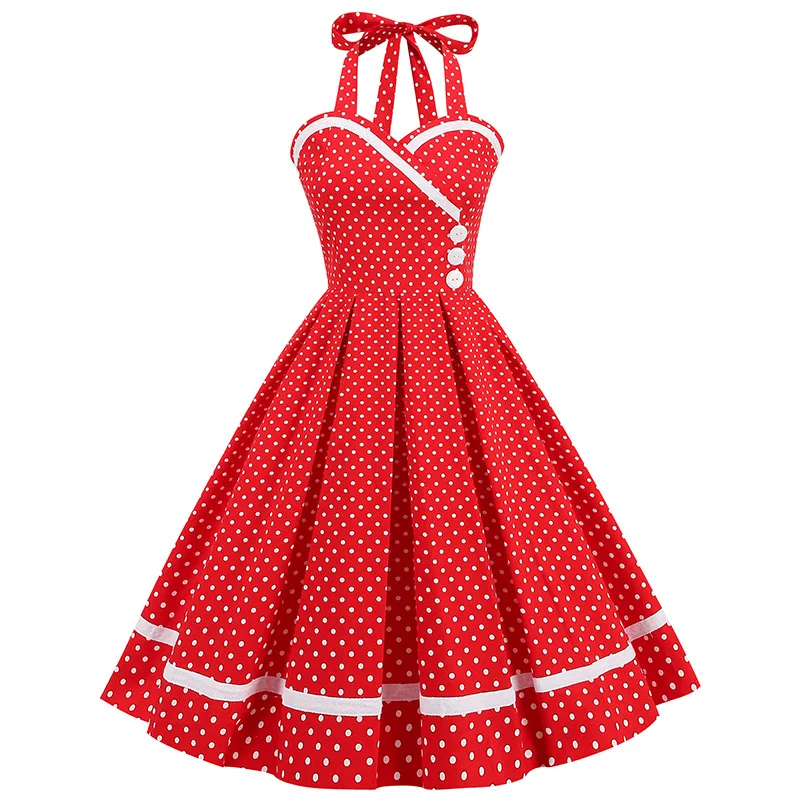 

Vintage patchwork polka dot print pin up party dresses Summer button backless sleeveless strap strapless halter slim midi dress