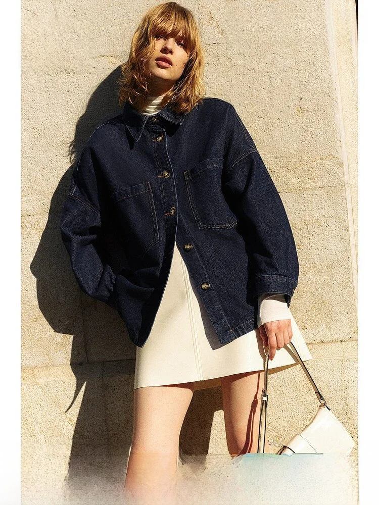 

Loose Shirt Style Jacket Women's Outerwear H&M 1223910 Long Sleeve Turn-down Collar Pure Color Cotton 100% Winter Coat