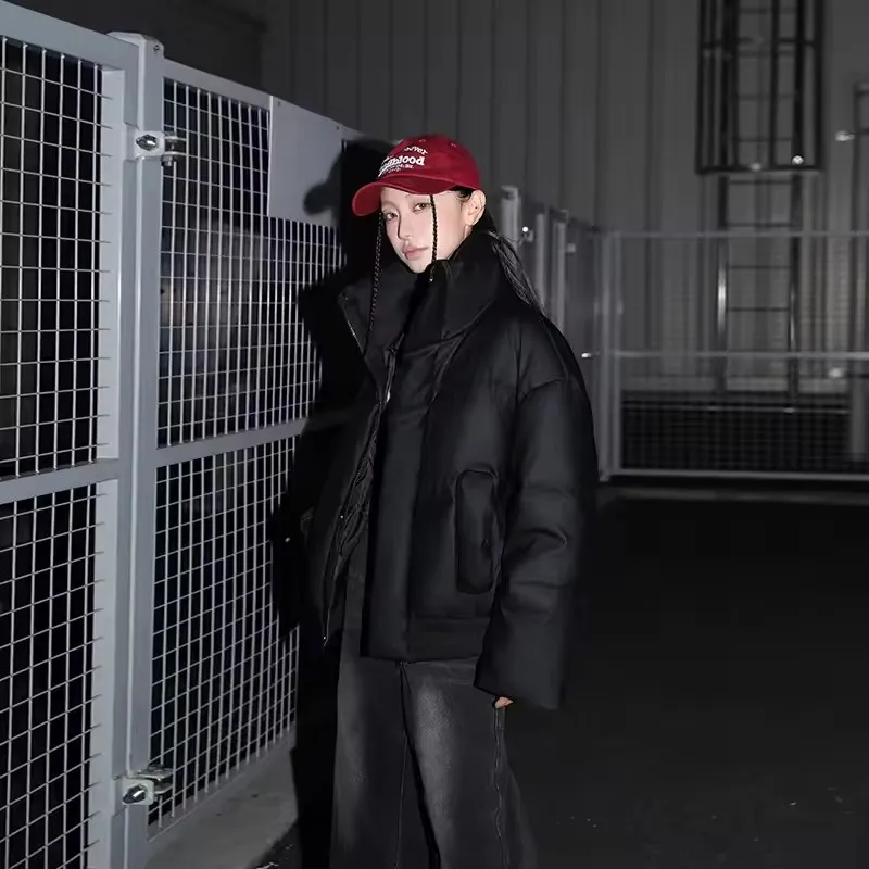 American Hip Hop Stand Collar Cotton  Padded Jacket Women Winter Zipper Stand-up Collar Parkas Chic Pocket Quilted Bread Coat