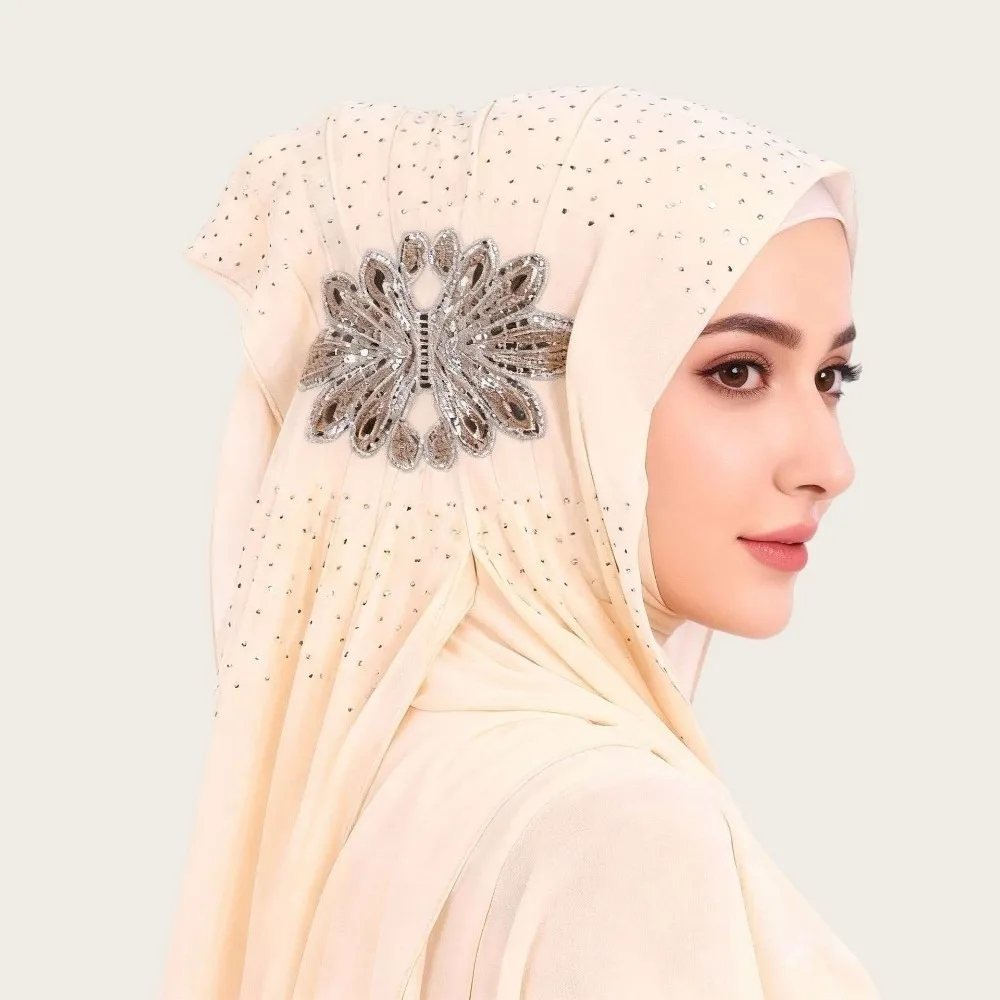 Shiny Chiffon Hijab Light Luxury Rhinestone Flower Decor Head Wrap Turban Solid Color Breathable Sequin Embellished Headscarf